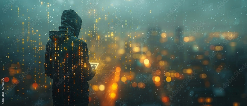 Poster Business and technology, software development, IoT concept. Man programmer, software developer working on digital tablet and smart city. Binary and HTML computer code displayed.