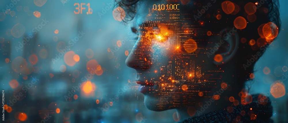 Poster Using binary and html computer code on a screen, the programmer focuses on digital tablet and smart city applications in business and technology.