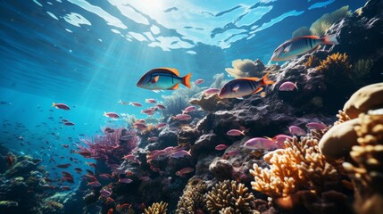 Diver's fins and air bubbles underwater, coral reef and colorful fish visible, emphasizing the beauty and exploration of scuba diving, Photorealistic, underwate