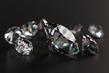 Beautiful Shiny Diamonds on Black Background - 3D Illustration Render