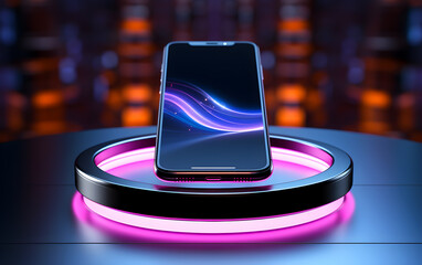 View of a Beautiful smartphone floating on a podium with neon rings of different colors