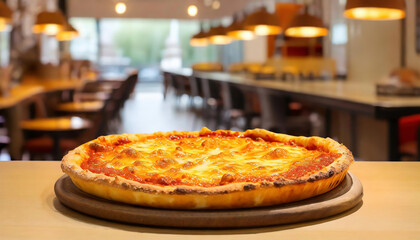 Chicago Style Deep Dish Cheese Pizza on restaurant counter, blurred restaurant inside. 