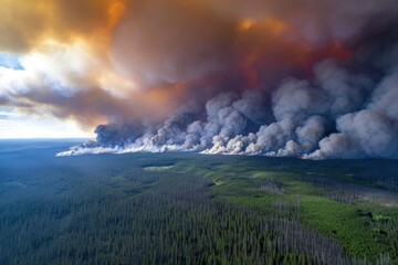 Overhead view capturing the vastness of forest fires from a distance, with smoke clouds billowing into the sky, Photo --ar 3:2 --stylize 50 --v 6 Job ID: 92b92b4c-fb48-470e-8ef2-c7200a4d0621