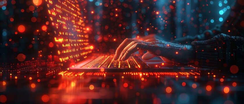 Coding software engineer, software engineer on laptop, circuit board and javascript on virtual screen, internet of things.