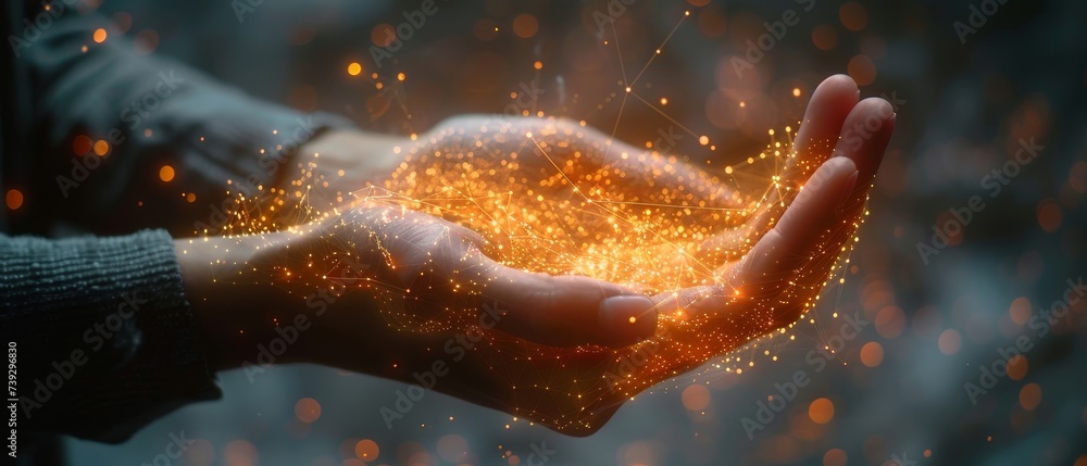 Poster women's hand holding a global network connection, internet communication, wireless connection techno