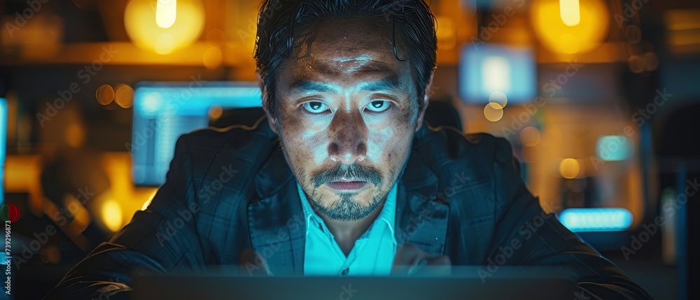 Poster during the night, a male businessman works on a laptop computer. he looks at the camera with a smile