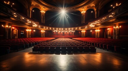 Empty auditorium with rows of seats facing a grand stage, anticipation of a performance, focusing on the architectural beauty and grandeur of a modern theater,