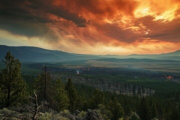 Naklejka na ściany i meble Overlooking a vast landscape, wildfires create a distant panorama of fiery destruction in the forest, Photo --ar 3:2 --stylize 50 --v 6 Job ID: a85f46dd-ee9a-463c-a816-6f6efb9bfb6a