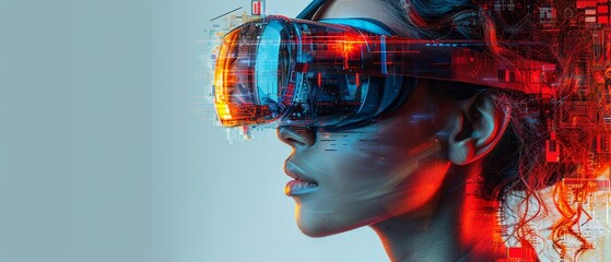 An image of a woman wearing virtual reality glasses. Future technology concept. - obrazy, fototapety, plakaty