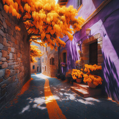 A captivating scene unfolds in a purple Italian street, accentuated by the shadows of a yellowish-orange flowered tree. The stone-bricked pathway adds an element of sophistication