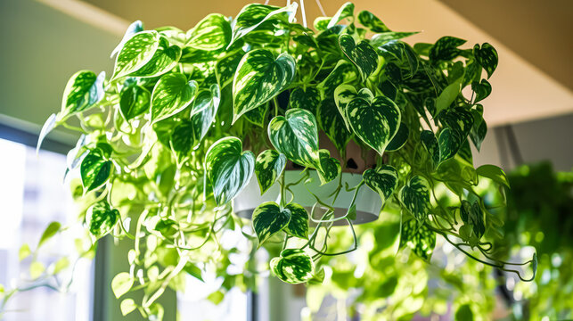 A hanging pot featuring the lush foliage of golden pothos, Epipremnum aureum, adds a touch of greenery and elegance to any indoor space or garden setting.