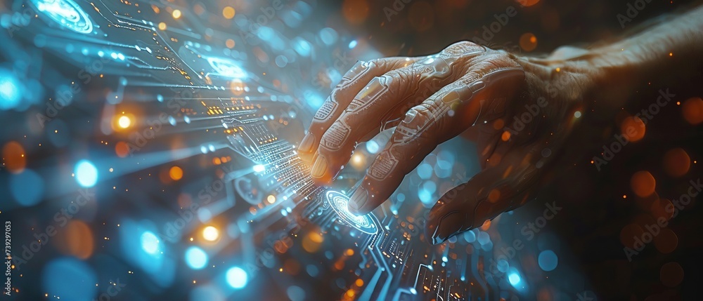 Poster Information technology concept with a businessman touching an artificial intelligence display.