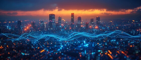 With wavy blue digital wires with antennas against a night metropolis city skyline in a double exposure, this is a concept of smart city and big data connections.