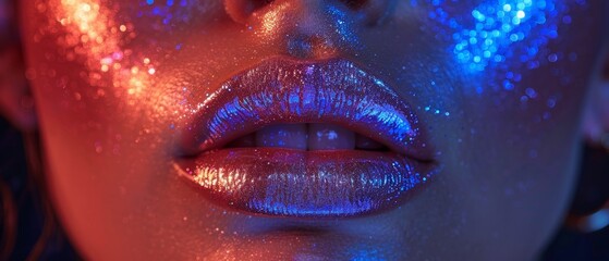 Model with metallic silver lips posing in bright neon blue and purple lights in a studio, beautiful girl with glowing make-up and glittering makeup.