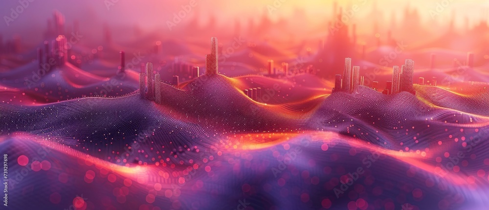 Poster Connecting city smarts and abstract points with gradient lines and intricate wave lines, big data technology concept.