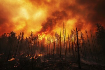 Distant view of sweeping wildfires in the forest, a panoramic spectacle of nature's destructive power