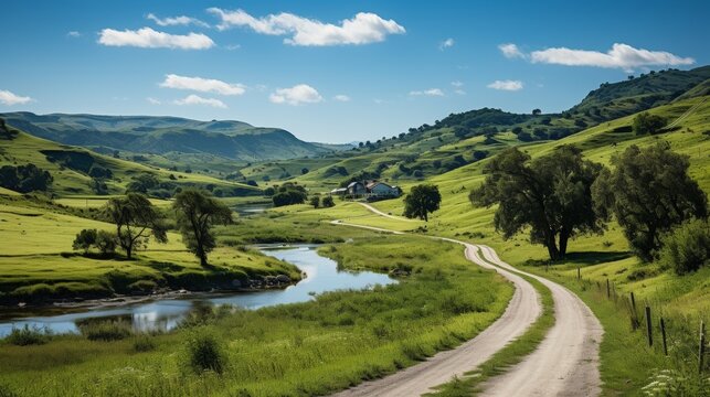 A winding country road cutting through rolling green hills, wildflowers lining the path, the expansive landscape under a clear blue sky offering a sense of free
