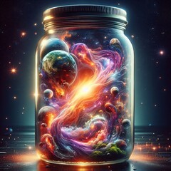 Dive into a visual journey of a universe captured within a jar. Planets, stars, and cosmic energy intertwine, showcasing the ethereal dance of celestial bodies and illuminating the infinite beauty of 