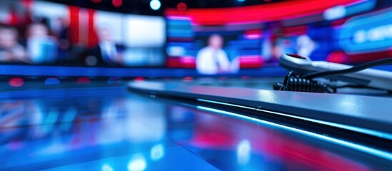 Close-Up View of TV News Studio Anchor Desk, Setting the Stage for Professional Broadcasting