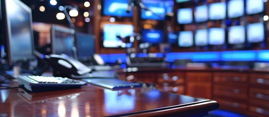 Close-Up View of TV News Studio Anchor Desk, Setting the Stage for Professional Broadcasting