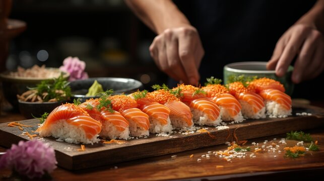 Close-up of sushi making process, chef's hands rolling sushi, fresh ingredients, conveying the precision and tradition of Japanese cuisine, Photorealistic, sush