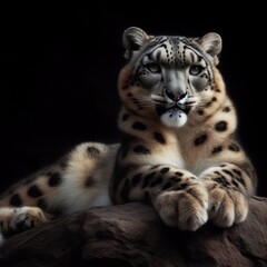 Front portrait of reclining Snow Leopard, set against pure black background
