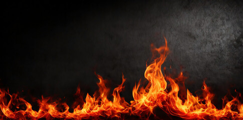 Fire flames on black background copy space and empty for your text. Abstract fire flames, sparks background. Can be used for restaurant flyer, layer, campfire, food banner