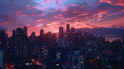 Dramatic sunset over urban skyline: city's silhouette against fiery skies
