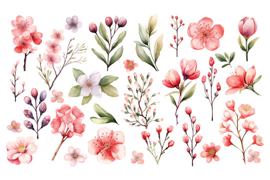 Watercolor set with pink wild spring flowers for Valentines day romantic illustration
