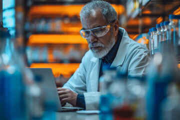 Scientist using laptop for genetic research in laboratory.