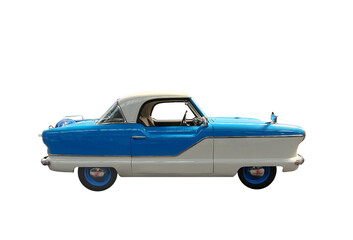 Classic vehicle design , blue and white,  1950s,  elegant vintage style , isolated  side view . 