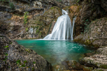 One of the blue pools of the Mundo River waterfall after the February burst in Albacete, Castilla...