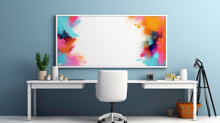 A minimalistic office setup with a blank white empty frame, showcasing a vibrant, abstract digital collage.