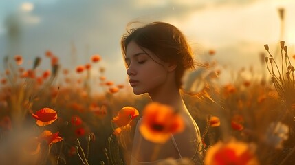 Woman embraces tranquility amongst blooming poppies at sunset