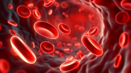 Close-up of blood flow of blood cells, white blood cells, red blood cells