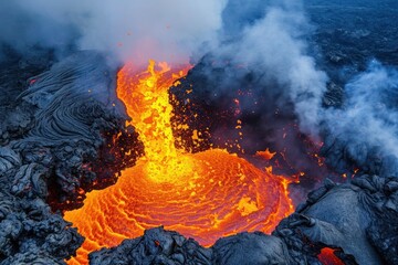 Volcanic chaos: molten lava spews from the crater, creating a striking image of Earth's dynamic forces