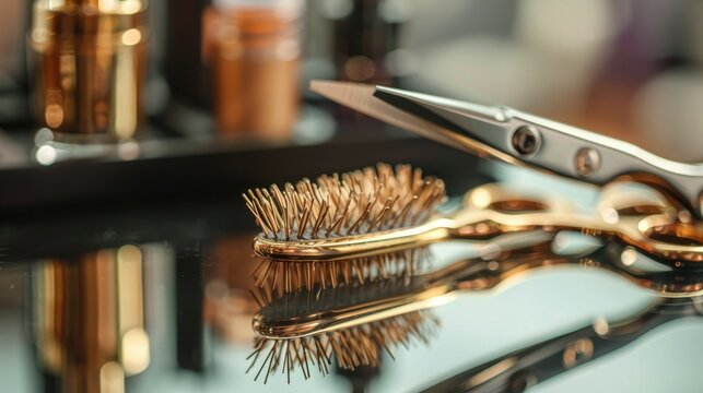 Barber scissors and a hairbrush closeup on the mirror surface of the table. Barber scissors close up