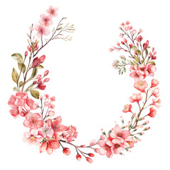 Watercolor wreaths with pink wild spring flowers for Valentines day romantic illustration