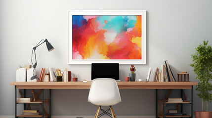 A minimalistic office setup with a blank white empty frame, showcasing a vibrant, abstract digital painting.