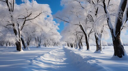 A snowy forest path, the trees heavy with snow, the silence of the woods only broken by the crunch o