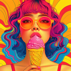 Naklejka premium Wow female face. Sexy surprised girl in sunglasses with open mouth holding bright ice cream in her hand.Summer background in pop art retro comic style.