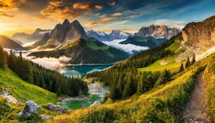 beatiful mountain landscape with lakes, sunset and epic nature
