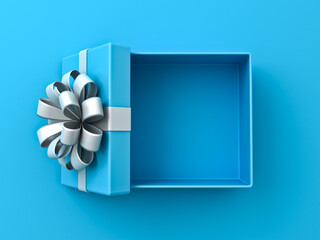 Blank blue gift box open or top view of blue present box tied with white ribbon bow isolated on blue background with shadow minimal conceptual 3D rendering