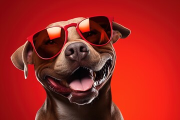 happy smiling pitbull dog in red sunglasses on a bright red background
