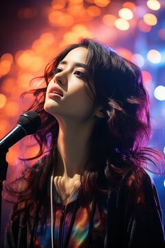 vertical image young pretty Asian k-pop idol girl on stage singing into a microphone on bright concert lighting bokeh