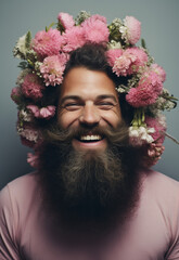 Happy Man with a beard and flowers on his head.Minimal creative fashion and nature concept.Top view.Generative AI	
