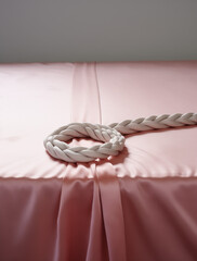 pink satin fabric with a silver rope ring .Minimal creative interior concept.Trendy social mockup or wallpaper with copy space.top view,flat lay.Generative AI