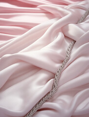 pink satin fabric with a silver rope .Minimal creative interior concept.Trendy social mockup or wallpaper with copy space.top view,flat lay.Generative AI