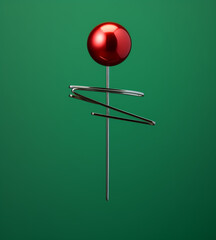 red push pin on green abstract background.Minimal creative art concept.Copy space,top view,flat lay.Generative AI