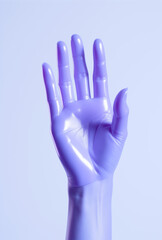 Obraz premium Hand in a violet dishwashing glove.Minimal cleanliness concept.Copy space,top view,flat lay.Generative AI